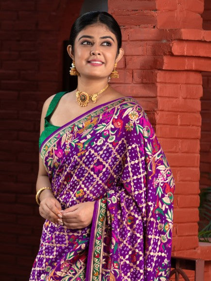 Khaddi Bandhej With Meenakari Border In Pure Georgette Fabric-Purple
