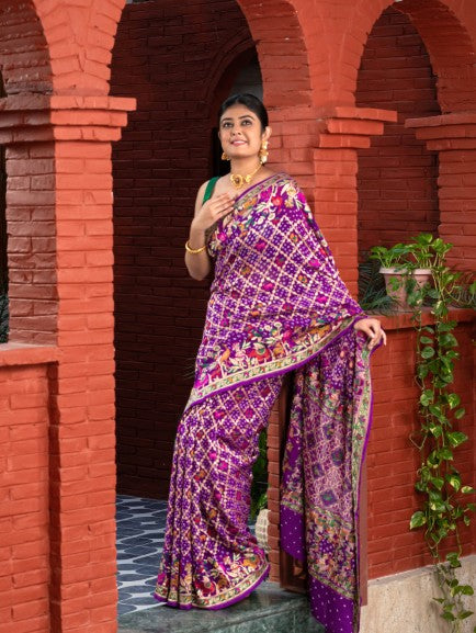Khaddi Bandhej With Meenakari Border In Pure Georgette Fabric-Purple