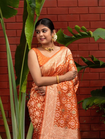 Handloom Banarasi Meenakari Jaal In Pure Katan Silk-Orange