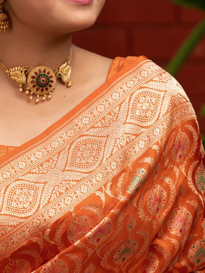 Handloom Banarasi Meenakari Jaal In Pure Katan Silk-Orange
