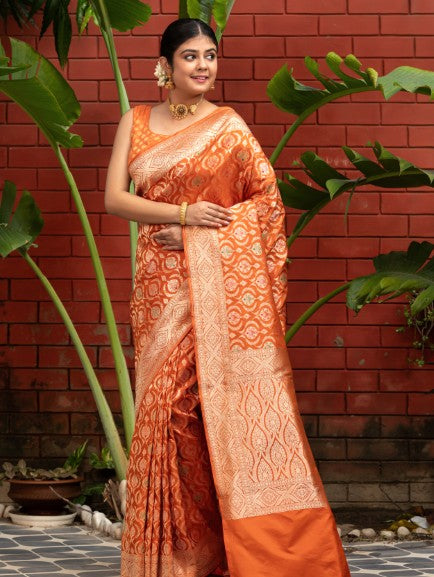 Handloom Banarasi Meenakari Jaal In Pure Katan Silk-Orange