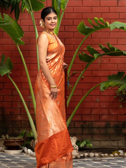 Handloom Banarasi Meenakari Jaal In Pure Katan Silk-Orange