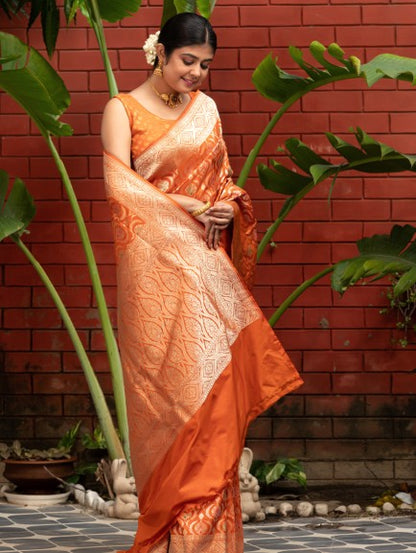 Handloom Banarasi Meenakari Jaal In Pure Katan Silk-Orange