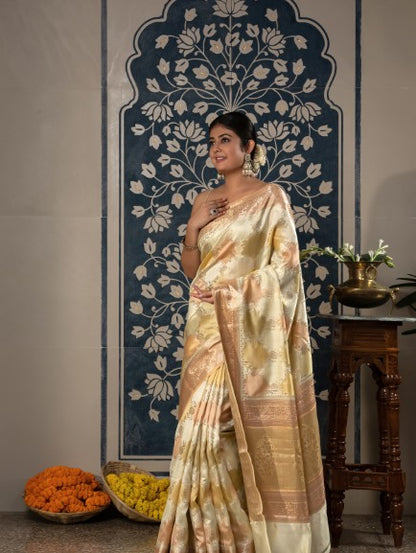 Handloom Banarasi Hand Brush Rangkaat Saree-Multi Color