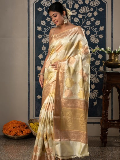 Handloom Banarasi Hand Brush Rangkaat Saree-Multi Color