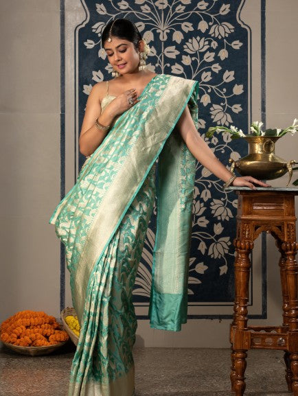Handloom Banarasi Upada Jaal In Pure Kataan Silk-Blue