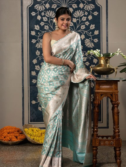 Banarasi Rangkaat Weaving In Mashru Silk Fabric-Blue