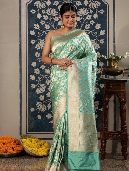 Banarasi Rangkaat Weaving In Mashru Silk Fabric-Blue