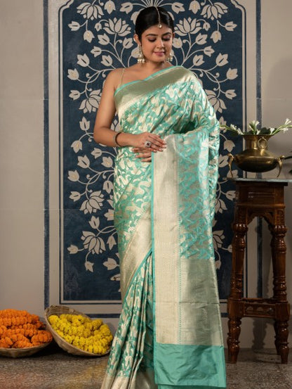 Banarasi Rangkaat Weaving In Mashru Silk Fabric-Blue