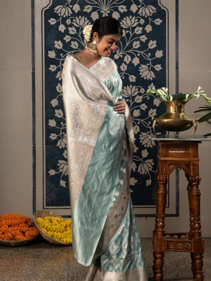 Banarasi Rangkaat Weaving In Mashru Silk Fabric-Blue