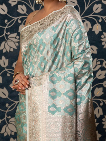 Banarasi Rangkaat Weaving In Mashru Silk Fabric-Blue