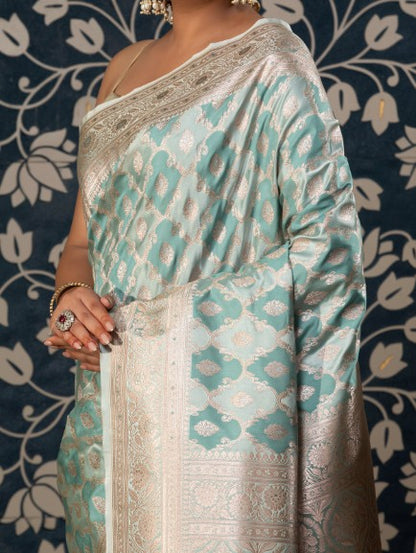 Banarasi Rangkaat Weaving In Mashru Silk Fabric-Blue