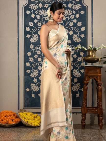 Handloom Banarasi Meenakari Jaal In Pure Munga Silk-Off White