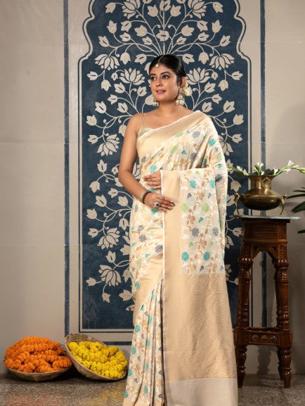 Handloom Banarasi Meenakari Jaal In Pure Munga Silk-Off White