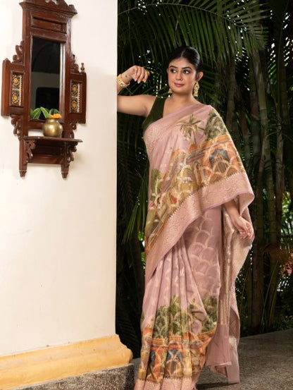 Pichuwai Print On Handloom Banarasi Cottan Silk-Purple