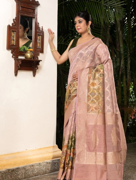 Pichuwai Print On Handloom Banarasi Cottan Silk-Purple