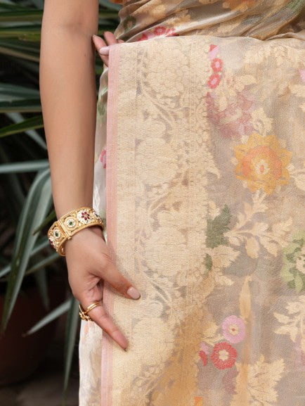 Handloom Banarasi Tilfi Meenakari Jaal In Pure Tissue Fabric Golden