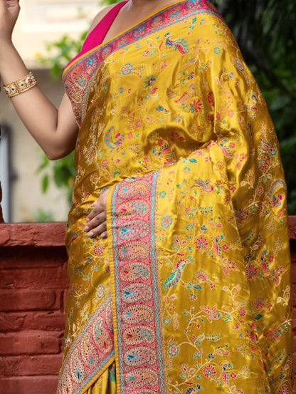 Meenakari Weaving In Banarasi Satin Silk Yellow