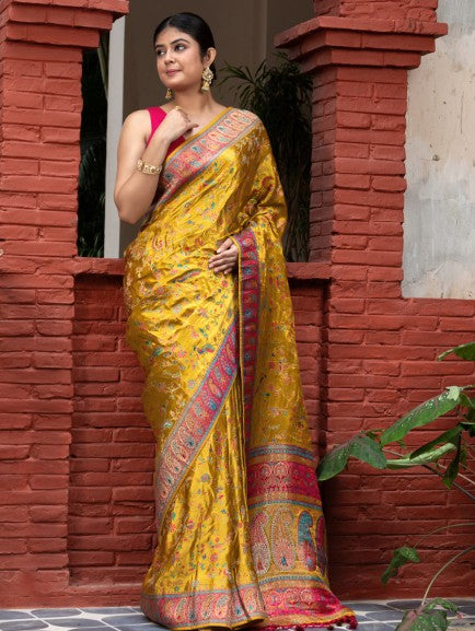 Meenakari Weaving In Banarasi Satin Silk Yellow