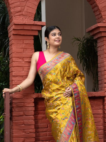 Meenakari Weaving In Banarasi Satin Silk Yellow