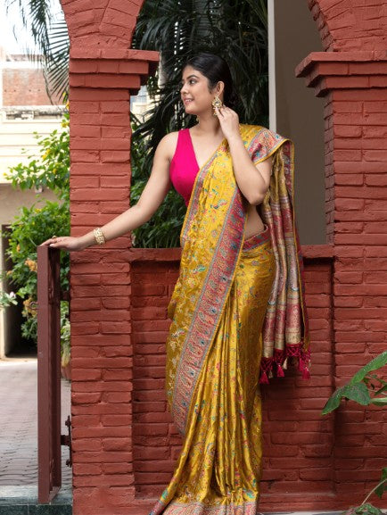Meenakari Weaving In Banarasi Satin Silk Yellow