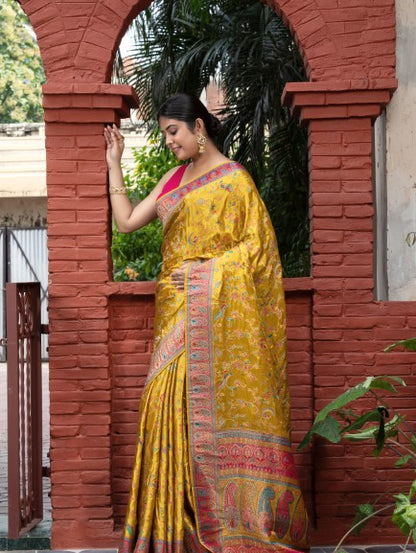 Meenakari Weaving In Banarasi Satin Silk Yellow