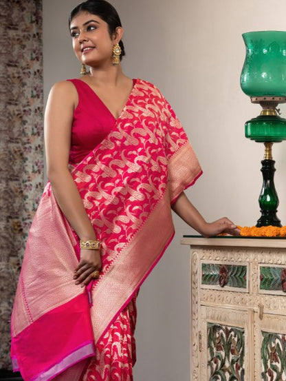 Handloom Banarasi Upada Jaal In Pure Kataan Silk Pink