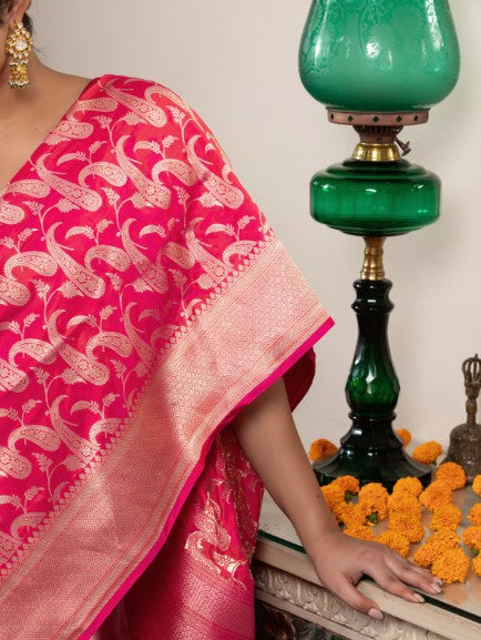 Handloom Banarasi Upada Jaal In Pure Kataan Silk Pink