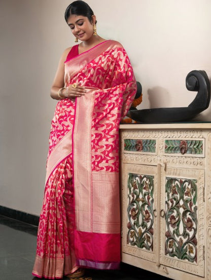 Handloom Banarasi Upada Jaal In Pure Kataan Silk Pink