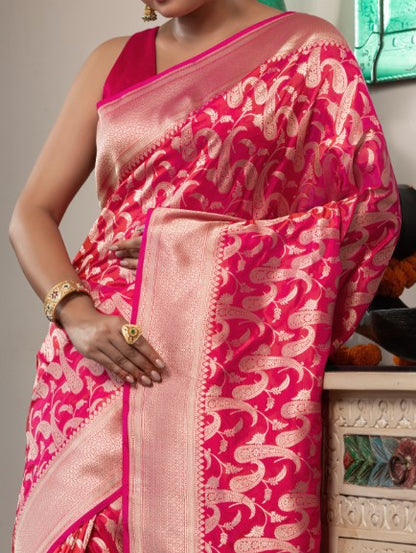 Handloom Banarasi Upada Jaal In Pure Kataan Silk Pink