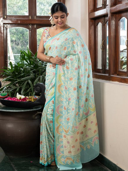 Handloom Banarasi Khaddi Pure Georgette Saree With Hand Brush Rangkaat Blue