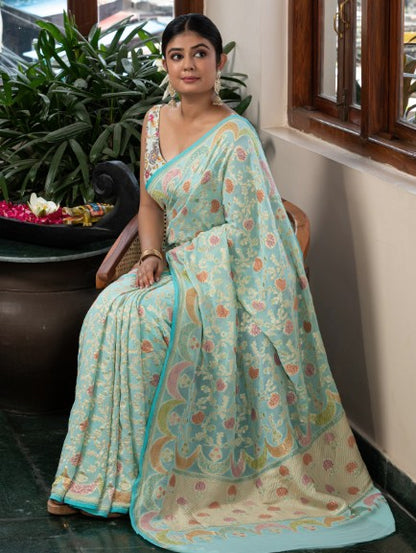 Handloom Banarasi Khaddi Pure Georgette Saree With Hand Brush Rangkaat Blue