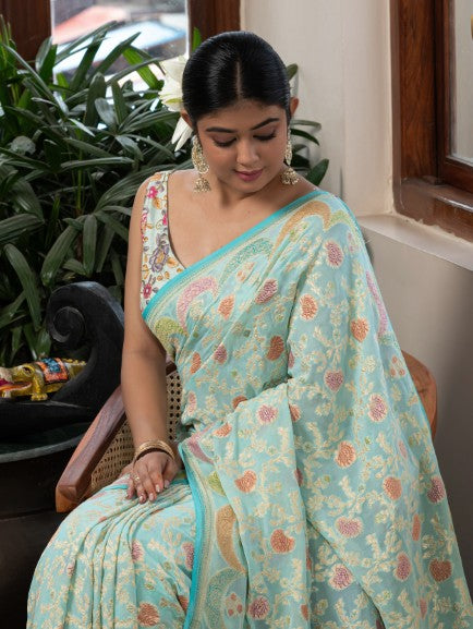 Handloom Banarasi Khaddi Pure Georgette Saree With Hand Brush Rangkaat Blue