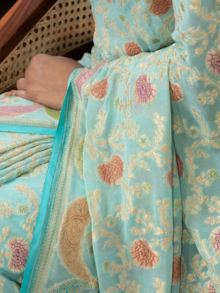 Handloom Banarasi Khaddi Pure Georgette Saree With Hand Brush Rangkaat Blue