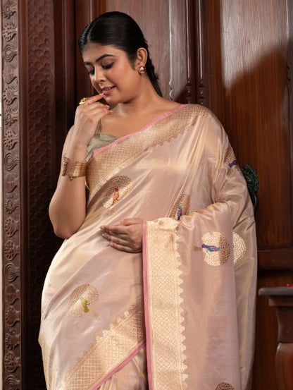 Handloom Banarasi Tilfi Kadhuwa Weaved Motif  Saree In Pure Katan Tissue Silk Pink