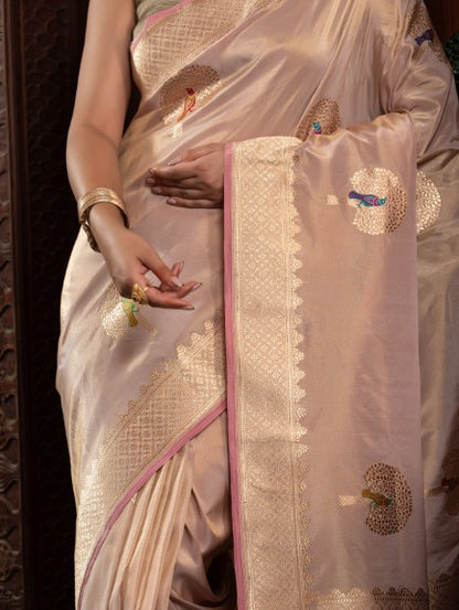 Handloom Banarasi Tilfi Kadhuwa Weaved Motif  Saree In Pure Katan Tissue Silk Pink