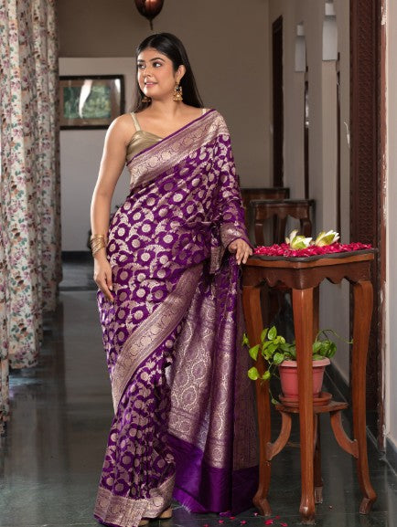 Handloom Banarasi Upada Jaal Weaving In Pure Katan Silk Fabric Purple