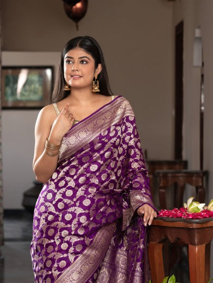 Handloom Banarasi Upada Jaal Weaving In Pure Katan Silk Fabric Purple