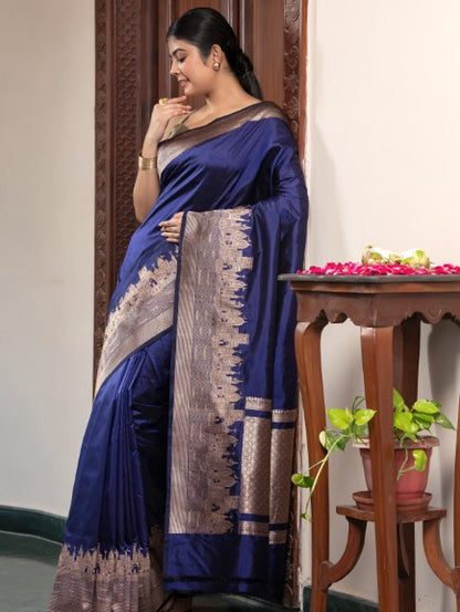 Handloom Banarasi Ghaat Border In Pure Katan Silk Blue