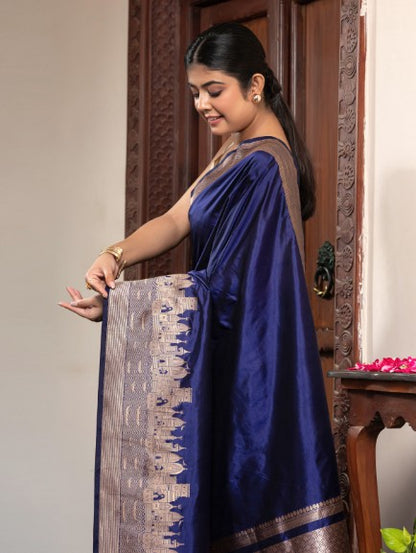 Handloom Banarasi Ghaat Border In Pure Katan Silk Blue