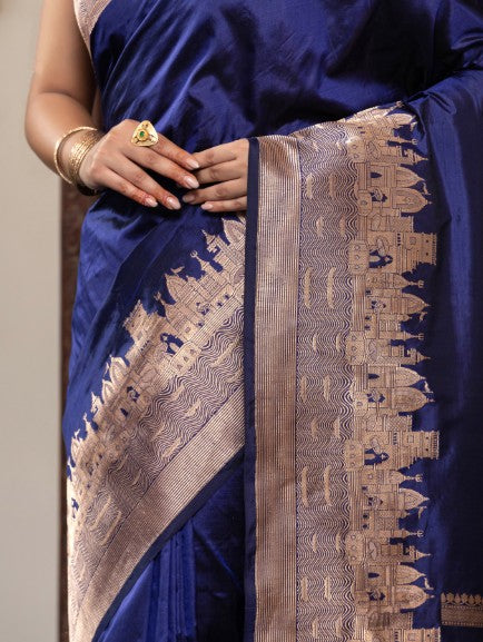 Handloom Banarasi Ghaat Border In Pure Katan Silk Blue