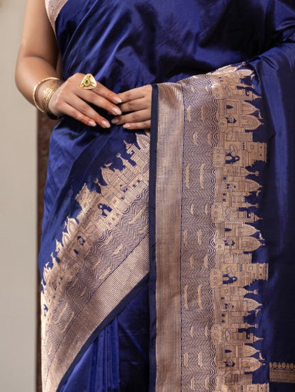 Handloom Banarasi Ghaat Border In Pure Katan Silk Blue
