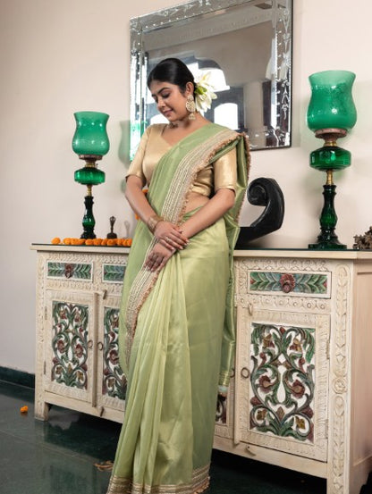 Banarasi Tissue With Maharani Style Hand Work Border Green