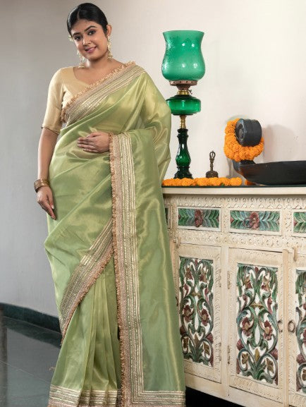 Banarasi Tissue With Maharani Style Hand Work Border Green
