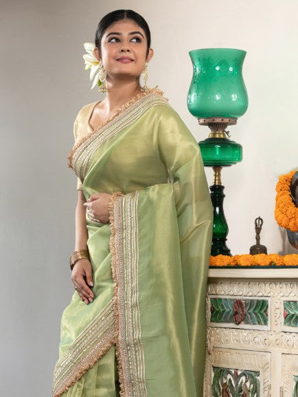 Banarasi Tissue With Maharani Style Hand Work Border Green