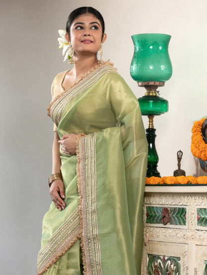 Banarasi Tissue With Maharani Style Hand Work Border Green