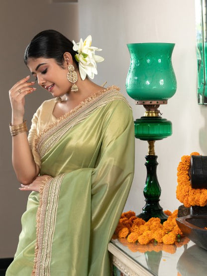 Banarasi Tissue With Maharani Style Hand Work Border Green