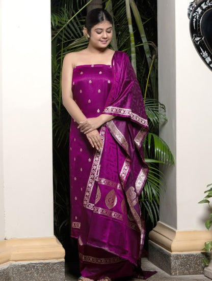 Small Butti Suit Fabric With Tanchui Weaving Dupatta And Bottom 3 Pc Purple