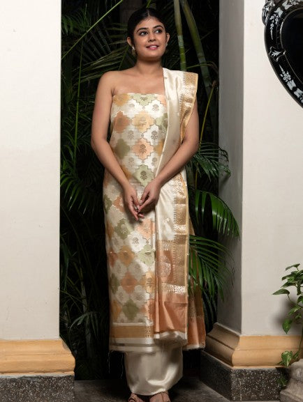 Handloom Banarasi Rangkaat Weaving Suit Fabric With Small Butti Dupatta Multi Color