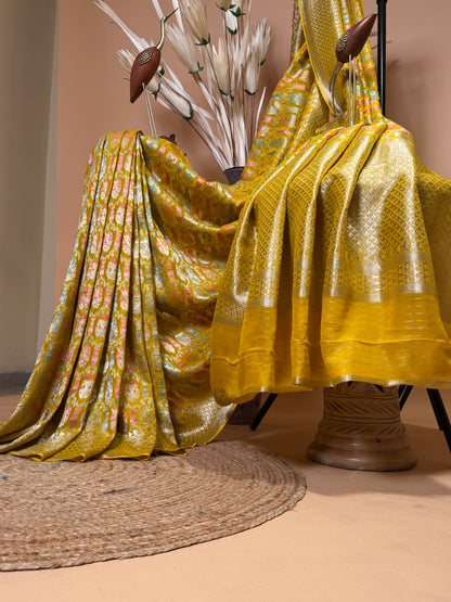 Traditional Banarasi Meenakari Weaved On Georgette Khaddi Saree - Yellow